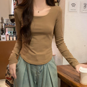 Elegant round Hem Long Sleeve Womens T-Shirt U-Neck Slim Fit Base Shirt Short Style Korean Version Cotton Casual Wear