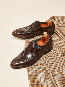 British Style Mens Business Formal Shoes Bright Surface Double Buckle Slip-On Monk Shoes Casual Comfortable Leather Shoes