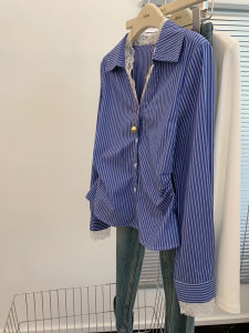 Áo Sơ Mi Kẻ Sọc Cổ Chữ V Tay Dài Màu Xanh Lam Kiểu Pháp Dành Cho Nữ Áo Bó Eo Áo Dài Thường Ngày Chất Liệu Ren Mùa Xuân 2025