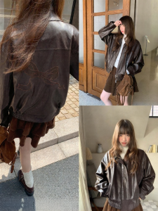 NIHAOKANONG | Áo Khoác Da Thêu Vintage cho Phụ Nữ