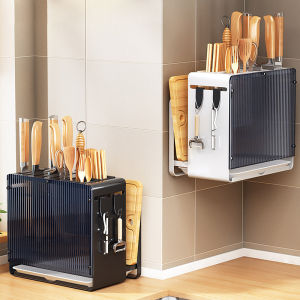 Kitchen Knife Rack Wall-mounted Countertop Integrated Cutting Board Chopsticks Cage Knife Multifunction Storage Shelf Rak Dapur