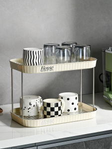 ตู้เก็บของแบบวางบนโต๊ะสองชั้นสำหรับวางถ้วยกาแฟและถ้วยชา จัดระเบียบและระบายอากาศได้ดี อุปกรณ์ทำความสะอาดบ้าน