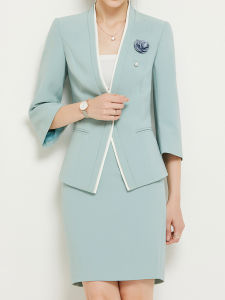 Entry Lux Elegant Business Suit Womens Formal Dress Mint Green 3/4 Sleeve Elegant V Neck Slim-Fitting Suit Skirt Two-piece Set