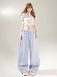 Quần Ống Rộng Kẻ Sọc Cạp Thấp Phong Cách Retro Cho Nữ Mùa Hè 2025 Quần Dài Thường Ngày Rộng Rãi Bằng Vải Cotton Pha Polyester