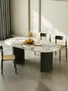 Luxurious Stone French Retro Cream Oval Wooden Dining Table