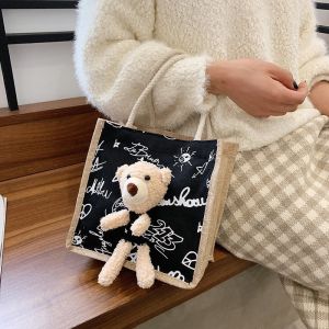 Trendy Cute Bear Canvas Bag Linen Handbag Bento Bag Student Fresh Style Double Shoulder Bag Zipper Closure Breathable Pocket