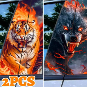 2PCS Flame Wolf Tiger Car Door B-pillar Sticker Car Window Center Pillar Decorative Decal Animal Patterned Waterproof Car Stickers