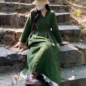 High-End Brand Spring Autumn Loose Large Size Artistic Retro V-neck Cotton Linen Dress Womens Clothing Ethnic Style Long Sleeve