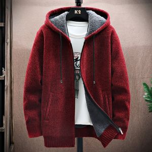 ROMON | Lormen Mens Cardigan Sweater Autumn Winter New Year Lamb Velvet Warm Hood Knitted Red Outerwear Fashion Urban Loose Fit Youth