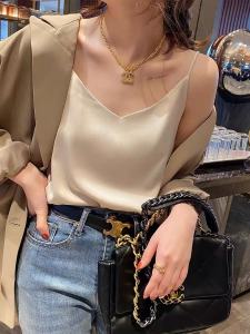 Womens Silk Blend Tank Top Loose Fit Base Layer White Satin Simulation Silk Vest Summer Outerwear Matching Suit Set