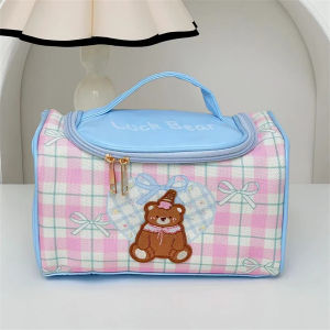 Portable Plaid Bear Womens Makeup Bag Multi-Functional Storage Bag Cute Handbag Student Essential Small Bag Organizer