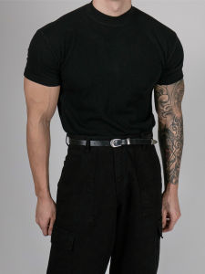 DAVID&ME | Black Round Neck Ribbed Knitted Short Sleeve T-Shirt Men Muscle Show Comfortable