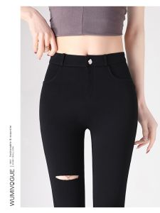 Quần Dài Bó Sát Màu Đen Cạp Cao Cho Nữ Mùa Hè 2025 Quần Dài Thường Ngày Bằng Vải Polyester Dài Đến Mắt Cá Chân