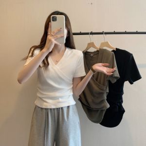 New Summer Women Cross V-Neck Short Sleeve T-Shirt Ladies Slim-Fit Short Top Girl Basic Shirt Woman Casual Breathable T-Shirt