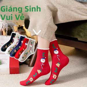 Tất Ống Dài Họa Tiết Santa Claus Hoạt Hình Cho Nữ Tất Ống Dài Mùa Đông Ấm Áp Thoải Mái Bằng Polyester