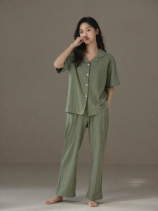 me home wear | New Cotton Thin Short Sleeve Long Pants Loose Stripe Summer Pajamas