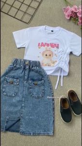 Setelan Kaos & Rok Jeans Anak Perempuan Motif Karakter & Kombinasi Bahan Alpukat Usia 1-12 Tahun + Dompet