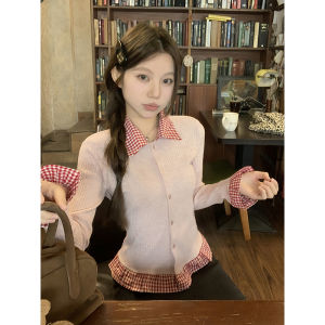 Slim Fit Knitted Long Sleeve Polo Neck T-Shirt Womens Spring New Style Grid Pattern High Sensation Fake Two-Piece Color Block Top