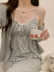 Long Sleeve Cotton Padded Sleepwear Womens Spring Autumn Style Grey Three Piece Set Sweet Home Clothes Casual Home Scene