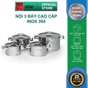 Nồi inox 304 thân cao 3 đáy inox 304 Fivestar Plus bếp từ quai vuông nắp kính ( 16cm/18cm/20cm/24cm)