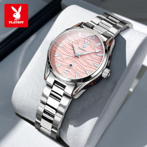 PLAYBOY นาฬิกาสำหรับผู้หญิง กันน้ำ 2025 แบรนด์แท้ หรูหรา สไตล์เกาหลี ปฏิทินสแตนเลส นาฬิกาควอตซ์เรืองแสง