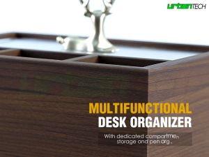 Elegant Wooden Desk Organizer with Tissue Holder and Pen Stand Water-Resistant Multipurpose Office Stationery Storage