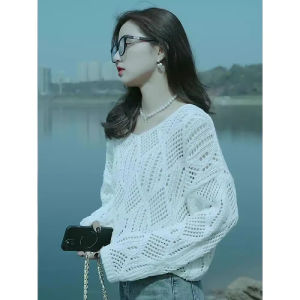 Womens Thin Hollow Knitted Sweater Spring New Loose Lazy Style Long Sleeve Air Conditioning Top V-neck Solid Color
