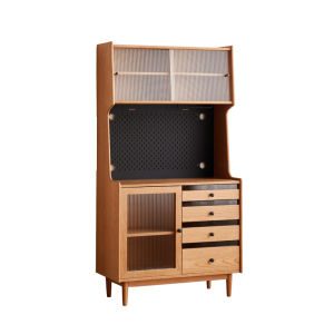 Solid Cherry Wood Dining Room Cabinet Glass Door Rock Panel Integrated Coffee Maker Storage Cabinet for Small Apartments