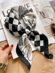 ผ้าพันคอไหมสีดำขาวสไตล์มินิมอล ผ้าพันคอไหมสีสันสดใส ผ้าพันคอผ้าซาติน ผ้าพันคอผ้าไหมเทียม ผ้าพันคอผ้าพันผม ผ้าพันคอแบบมีสไตล์