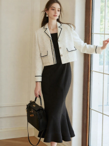 Roey s house | Elegant Turn-down Collar White Tweed Business Casual Coat