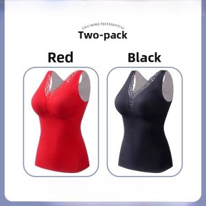 PIER N°5 | Thickened Fleece Warmth Vest Womens Lace Inner Wear Close-Fitting Base Layer Underwear V-Neck One-Piece Pure Color Winter