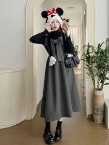 Korean Style Woolen Dress Womens Autumn Winter New Butterfly Knot Strap Vest Dress Two Piece Set Long Sleeve Midi Skirt