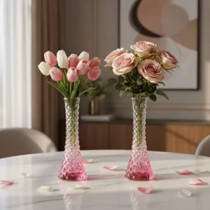 Set 2 Lọ Hoa Thủy Tinh Ombre Hồng Dáng Tháp Tròn Vân Kim Cương Cắm Hoa Decor Bàn Phòng Khách Cao Cấp