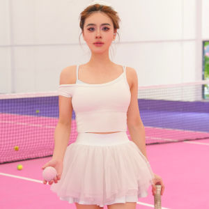Ballet Princess Sporty Tennis Skirt with Lining Anti-Light Net Gown Womens Fluffy Skirt Casual Sports Half-length Skirt