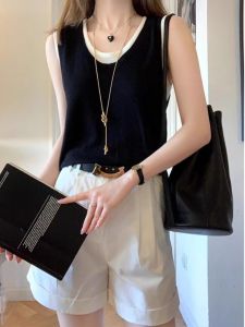 HUOLISI | U-neck Halter False Two-piece Color Block Sleeveless Top
