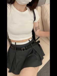 Korean Style Round Neck Short-sleeved T-shirt Womens High Waist Crop Top