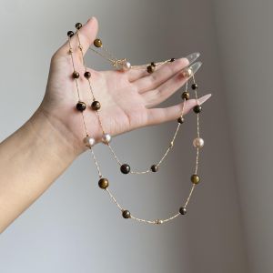 Retro Long Pearl Beads Tiger Eye Stone Necklace Womens Luxury Minimalist High-End Multi-Layer Sweater Chain Fashion Jewelry