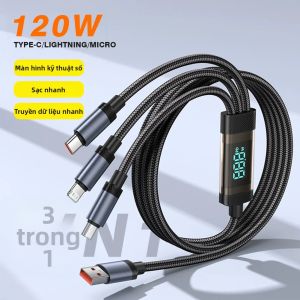 Cáp Sạc Nhanh Hiển Thị Kỹ Thuật Số 3 Trong 1 120W Hỗ Trợ Lightning Type-C Micro USB Cho iPhone 16/15 iPad MacBook Samsung Xiaomi Huawei