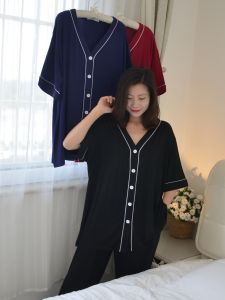 Summer plus Size V-Neck Open Cardigan Short Sleeve Long Pants Modal Sleepwear Loose Fitting Home Clothes for Women