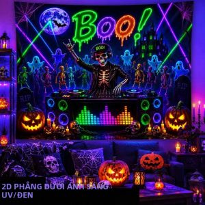 VIKAMA Neon Halloween Skeleton DJ Tấm Thảm Boo Ghost Pumpkin Design Polyester Treo Tường Cho Phòng Ngủ Ký Túc Xá Phòng Khách Phong Cách Cổ Điển Vũ Trụ