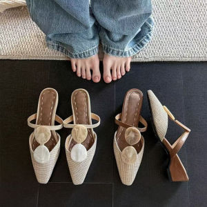 Ladies Soft Leather Straw Weaving Low Heel Half Slippers Amber Buckle Summer Vacation Style Loafers Straight Strap Sandals