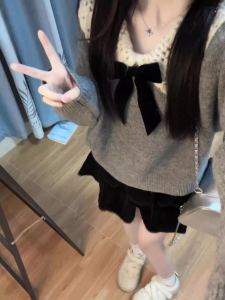 Gray Peter Pan Collar Sweater Knitwear Female 2024 New Arrival Autumn and Winter Gold Style Miu Series Wear Wear Anti-Aging Top