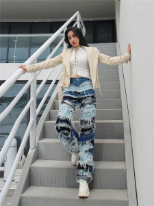 กางเกงยีนส์ทรงหลวมผ้าฝ้ายผสมสำหรับผู้ชายและผู้หญิง กางเกงขายาวทรงตรงเอวต่ำ ทรงหลวม ทรงหลวม กางเกงยีนส์ทรงหลวมแบบลำลองสำหรับฤดูใบไม้ร่วงปี 2021