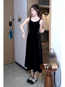 Zhang Yuan Same Style Womens Autumn French Black Velvet Dress Womens Elegant Stable Elegance Sling Dress