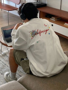 Áo Thun Dài Tay Thêu Cotton Mỹ Dáng Rộng Cổ Tròn Màu Trắng Mới 2025 Dành Cho Nam Và Nữ Mùa Xuân Thu