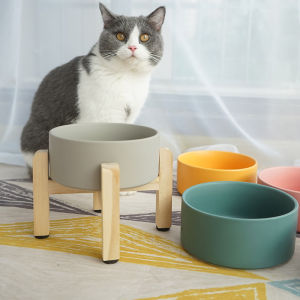 Elevated Wooden Stand Ceramic Cat Dog Bowl Pet Food Water Dish Neck Support Cat Feeder Universal Design Pet Supplies