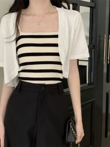 เสื้อคาร์ดิแกนแขนสั้นผู้หญิง ชุดเดรสสายเดี่ยว ชุดคลุมไหล่ ชุดกันแดด แฟชั่นฤดูร้อน เสื้อคลุมกันหนาวแบบบาง ผ้าถัก