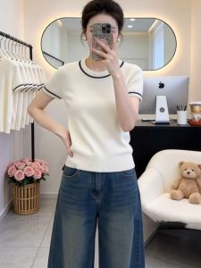Stylish Color Block Oversized Short Sleeve Knitted Top