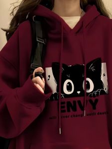 เสื้อสเวตเตอร์ฮู้ดผ้าขนแกะสีแดงเข้มสำหรับผู้หญิง ฤดูใบไม้ผลิและฤดูใบไม้ร่วง เสื้อคลุมกันหนาวแบบหลวมๆ สำหรับนักเรียนมัธยมต้นและมัธยมปลาย