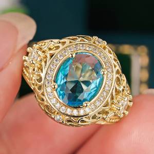 Huitan Gold Color Women Ring Hollow Design Party Trendy Accessories Inlaid Shining Blue CZ Charming Wedding Jewelry for Lady
